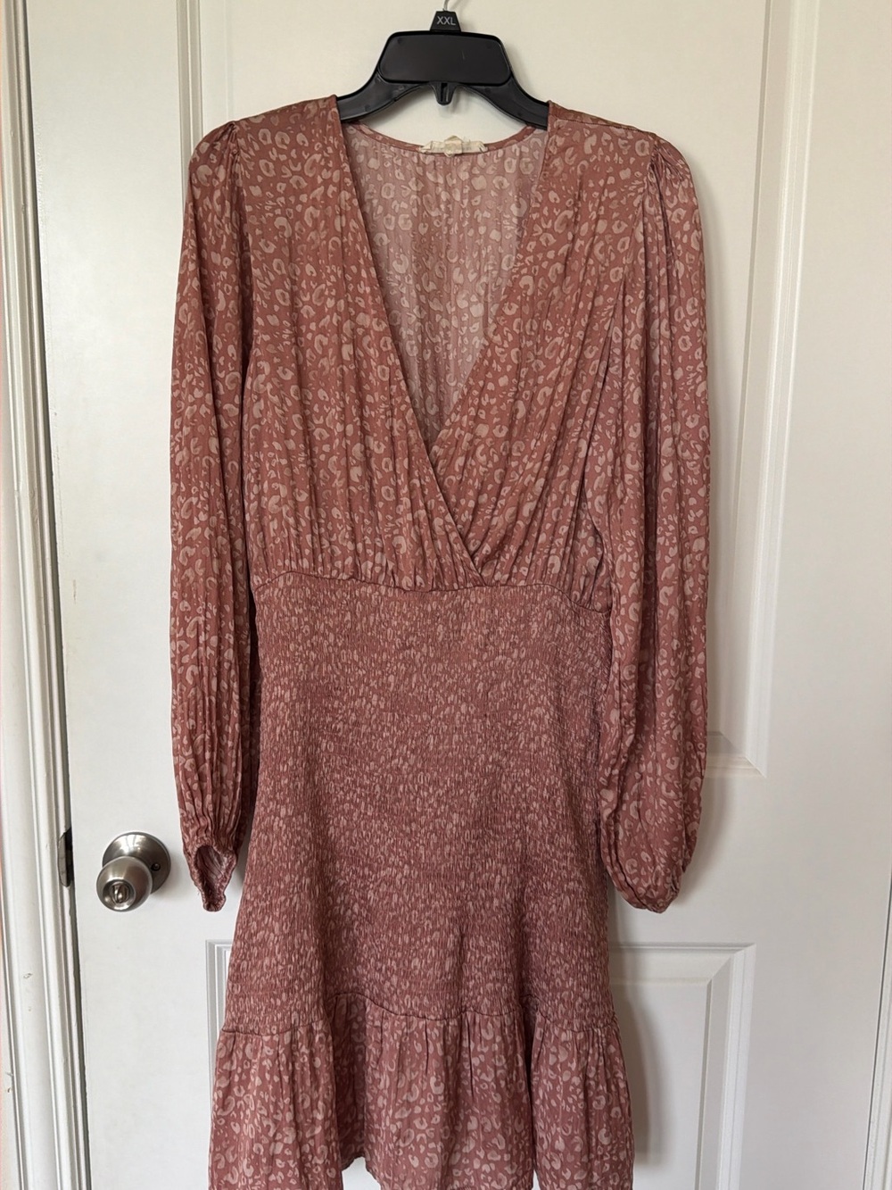 Long-Sleeve Dusty Rose Printed V-Neck Dress